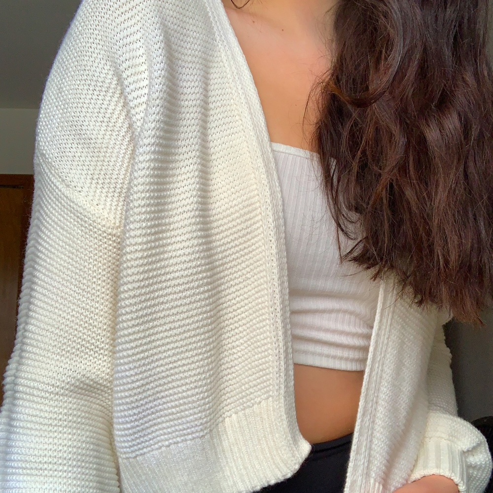 Cream Cropped Cardigan Sweater with Puffy Sleeves